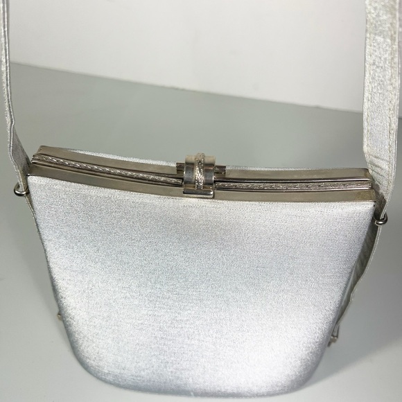 Vintage Metalic Silver Structured Divided Evening Bag W Adjustable Straps - Picture 8 of 14